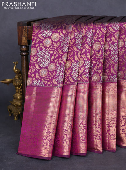 Pure kanchipuram silk saree purple with allover copper & silver zari woven foral brocade weaves