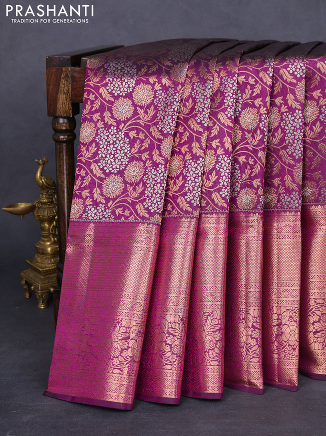 Pure kanchipuram silk saree purple with allover copper & silver zari woven foral brocade weaves