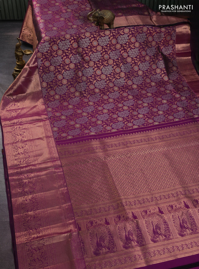 Pure kanchipuram silk saree purple with allover copper & silver zari woven foral brocade weaves