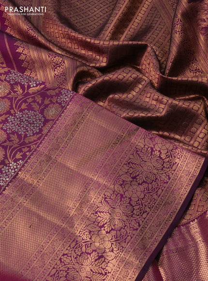 Pure kanchipuram silk saree purple with allover copper & silver zari woven foral brocade weaves