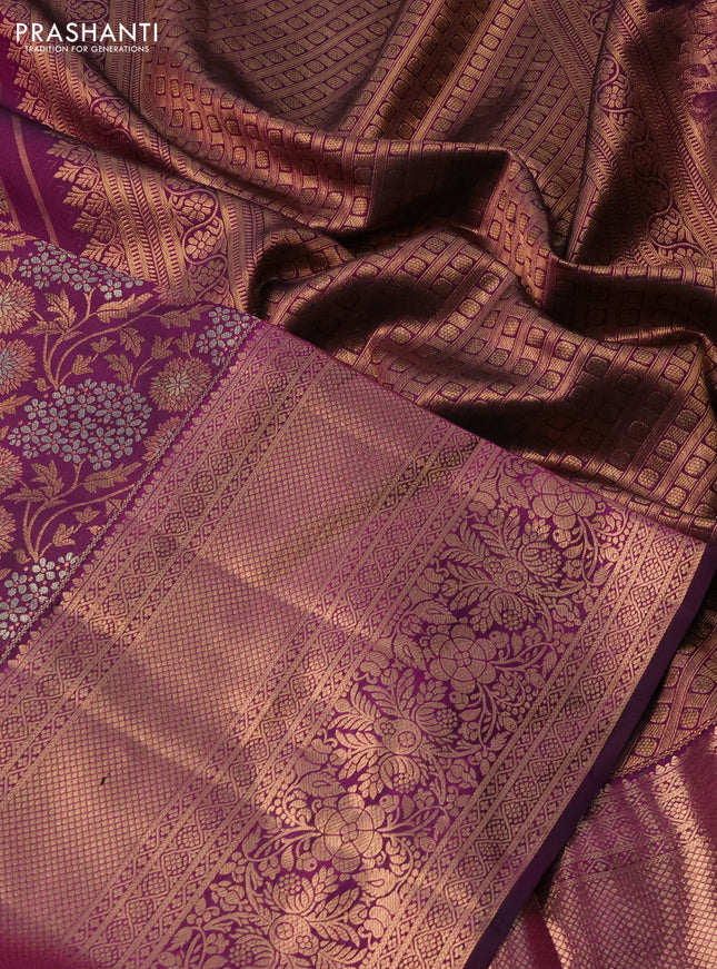 Pure kanchipuram silk saree purple with allover copper & silver zari woven foral brocade weaves
