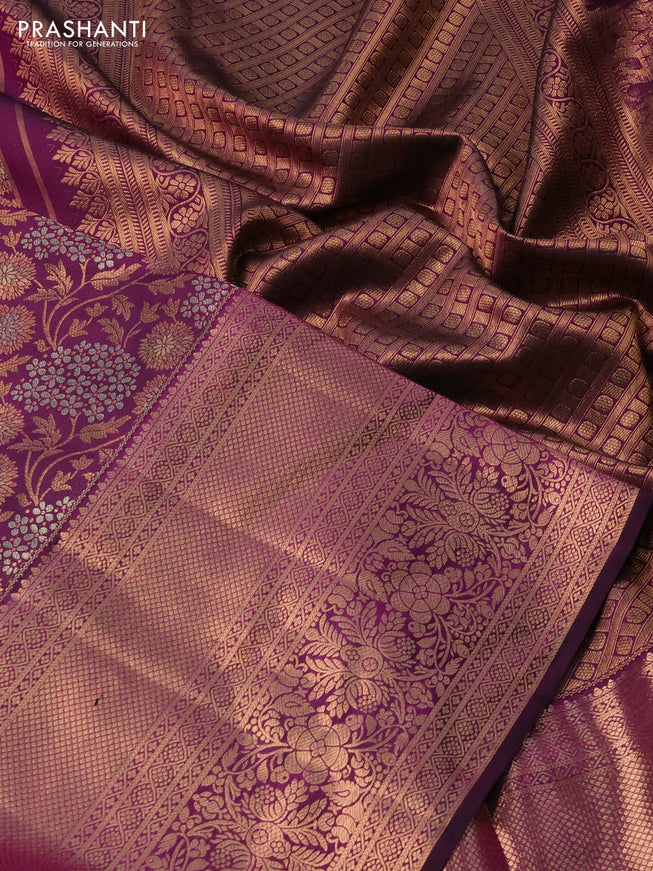 Pure kanchipuram silk saree purple with allover copper & silver zari woven foral brocade weaves
