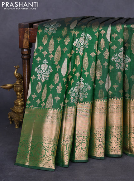 Pure kanchipuram silk saree green with allover silver & gold zari woven brocade weaves and rich zari woven border