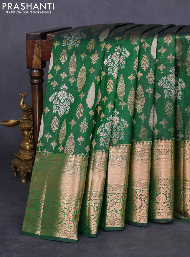 Pure kanchipuram silk saree green with allover silver & gold zari woven brocade weaves and rich zari woven border