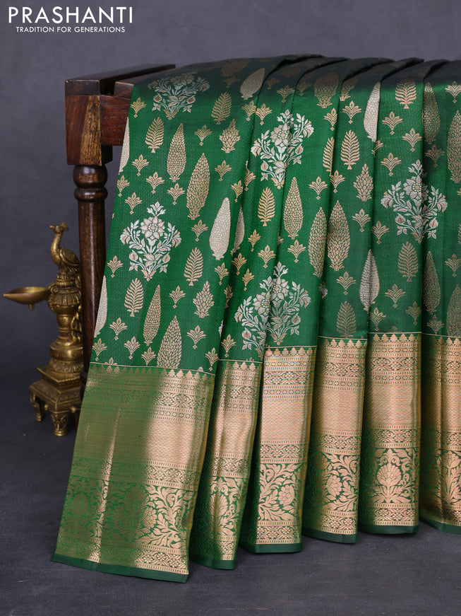 Pure kanchipuram silk saree green with allover silver & gold zari woven brocade weaves and rich zari woven border