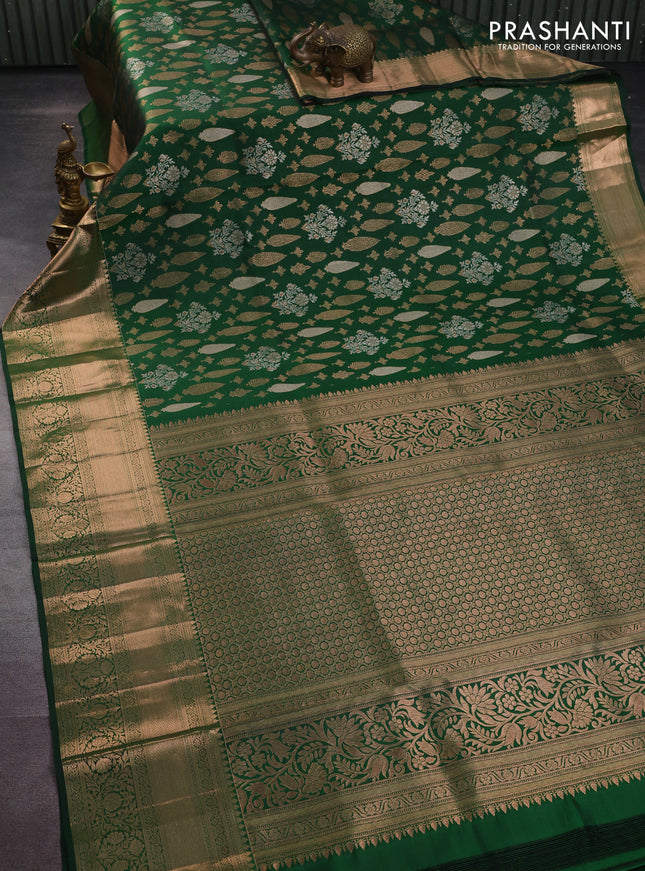 Pure kanchipuram silk saree green with allover silver & gold zari woven brocade weaves and rich zari woven border
