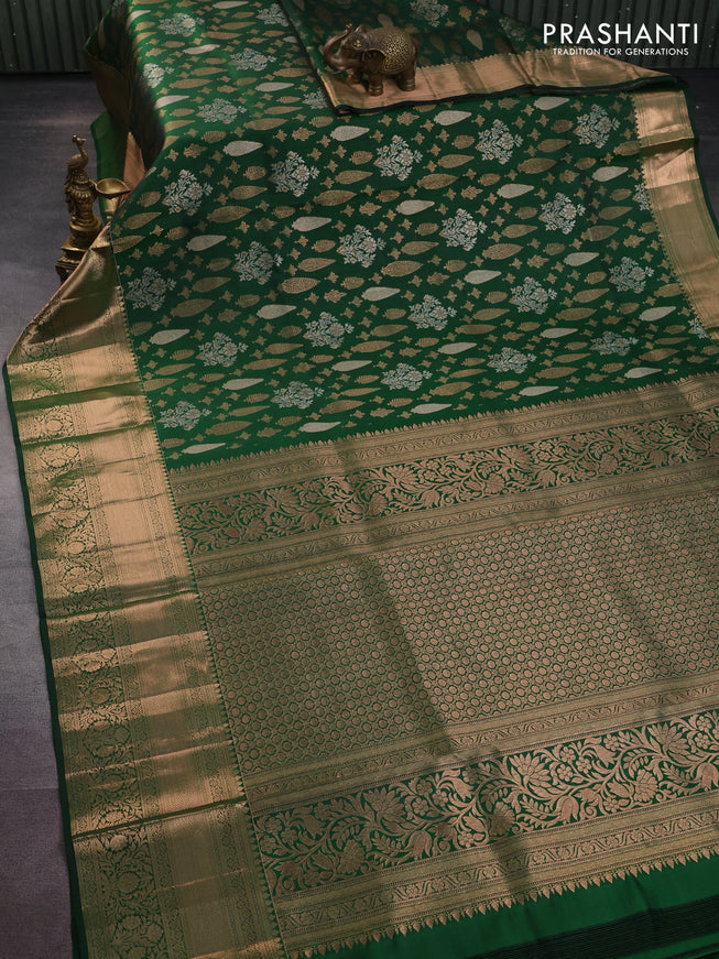 Pure kanchipuram silk saree green with allover silver & gold zari woven brocade weaves and rich zari woven border