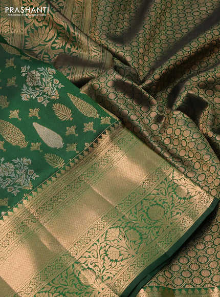 Pure kanchipuram silk saree green with allover silver & gold zari woven brocade weaves and rich zari woven border