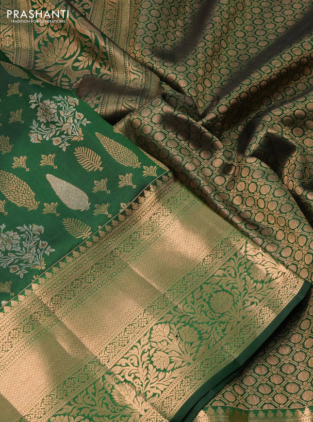 Pure kanchipuram silk saree green with allover silver & gold zari woven brocade weaves and rich zari woven border