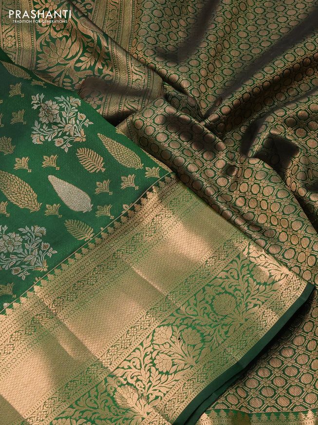 Pure kanchipuram silk saree green with allover silver & gold zari woven brocade weaves and rich zari woven border