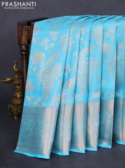 Pure kanchipuram silk saree light blue with allover zari woven peacock brocade weaves and rich zari woven border