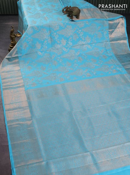 Pure kanchipuram silk saree light blue with allover zari woven peacock brocade weaves and rich zari woven border