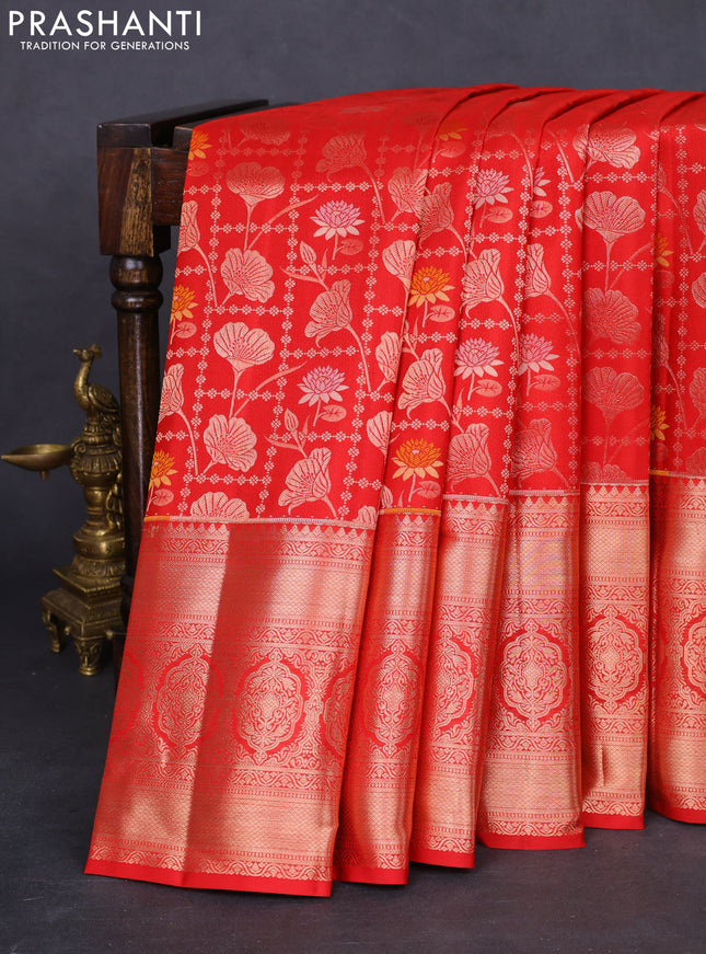 Pure kanchipuram silk saree red with allover zari woven floral brocade weaves and long zari woven border