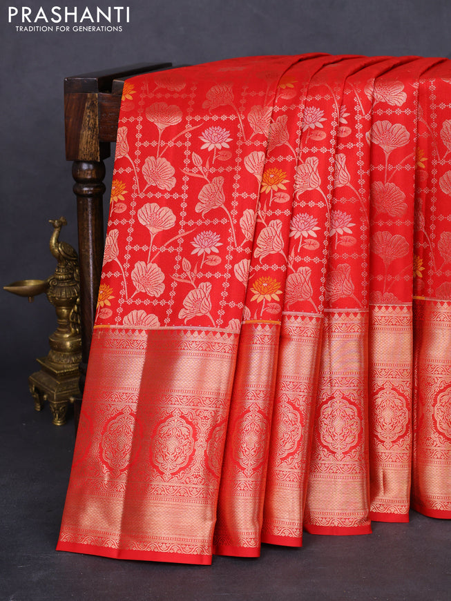 Pure kanchipuram silk saree red with allover zari woven floral brocade weaves and long zari woven border