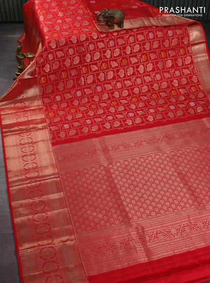 Pure kanchipuram silk saree red with allover zari woven floral brocade weaves and long zari woven border