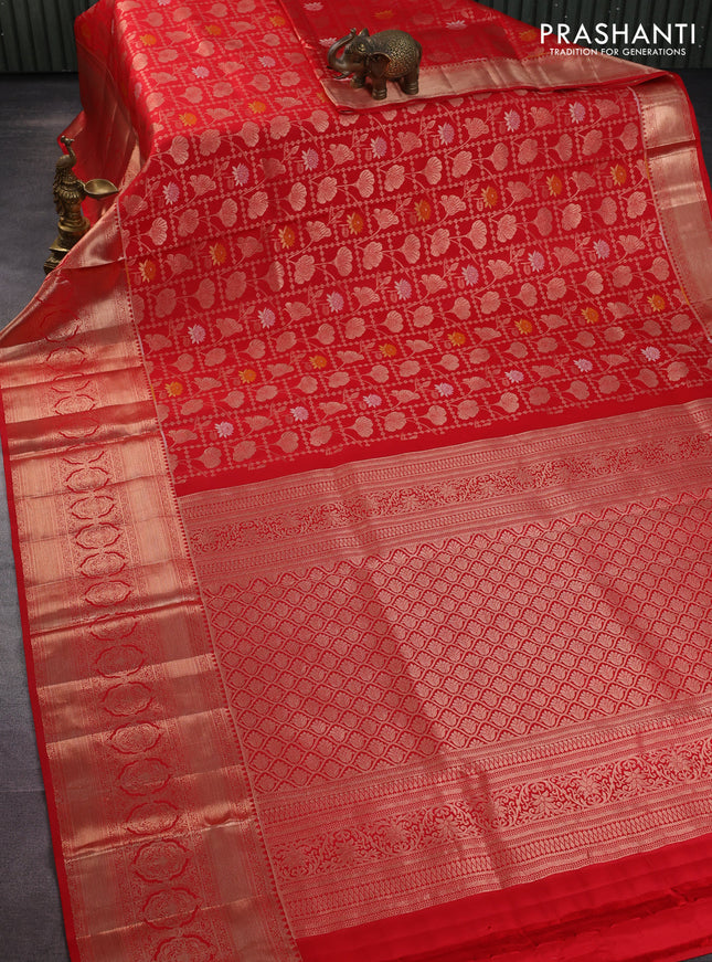Pure kanchipuram silk saree red with allover zari woven floral brocade weaves and long zari woven border
