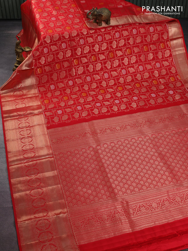 Pure kanchipuram silk saree red with allover zari woven floral brocade weaves and long zari woven border