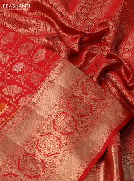 Pure kanchipuram silk saree red with allover zari woven floral brocade weaves and long zari woven border