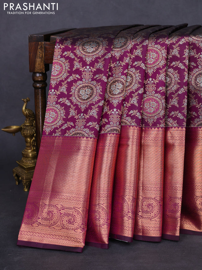 Pure kanchipuram silk saree wine shade with allover silver & gold zari woven brocade weaves and long copper zari woven border