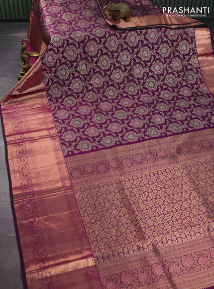 Pure kanchipuram silk saree wine shade with allover silver & gold zari woven brocade weaves and long copper zari woven border