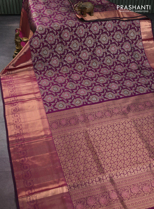 Pure kanchipuram silk saree wine shade with allover silver & gold zari woven brocade weaves and long copper zari woven border