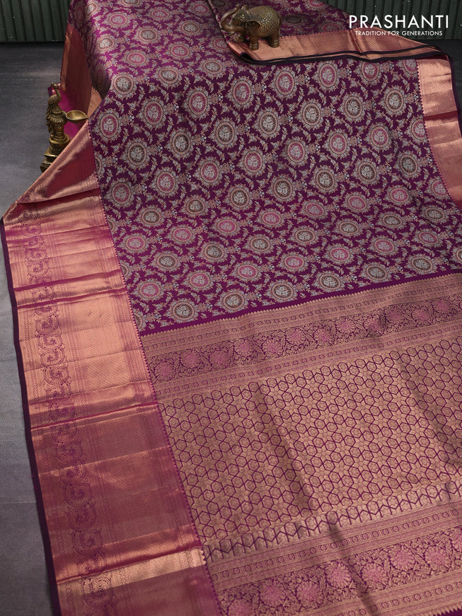 Pure kanchipuram silk saree wine shade with allover silver & gold zari woven brocade weaves and long copper zari woven border