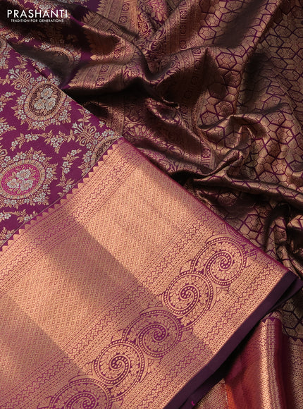 Pure kanchipuram silk saree wine shade with allover silver & gold zari woven brocade weaves and long copper zari woven border