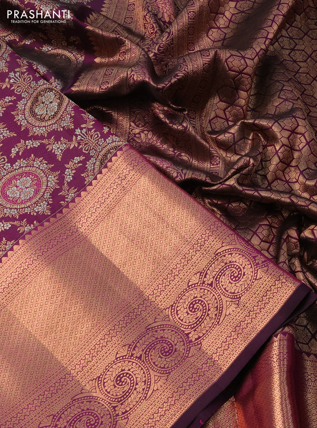 Pure kanchipuram silk saree wine shade with allover silver & gold zari woven brocade weaves and long copper zari woven border
