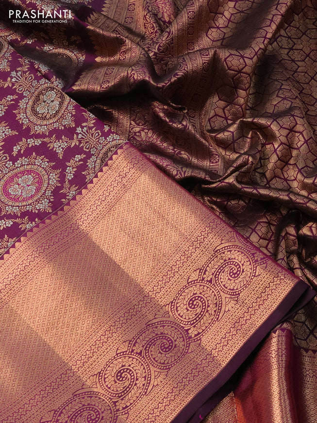 Pure kanchipuram silk saree wine shade with allover silver & gold zari woven brocade weaves and long copper zari woven border