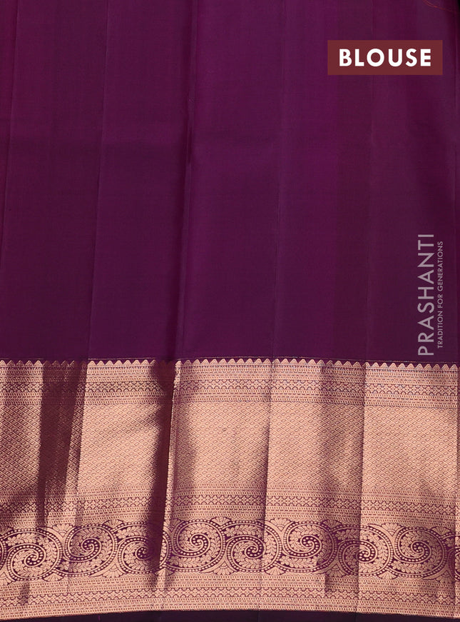 Pure kanchipuram silk saree wine shade with allover silver & gold zari woven brocade weaves and long copper zari woven border