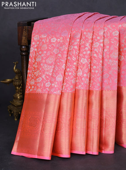 Pure kanchipuram silk saree peach pink with allover silver & gold zari woven brocade weaves and copper zari woven border