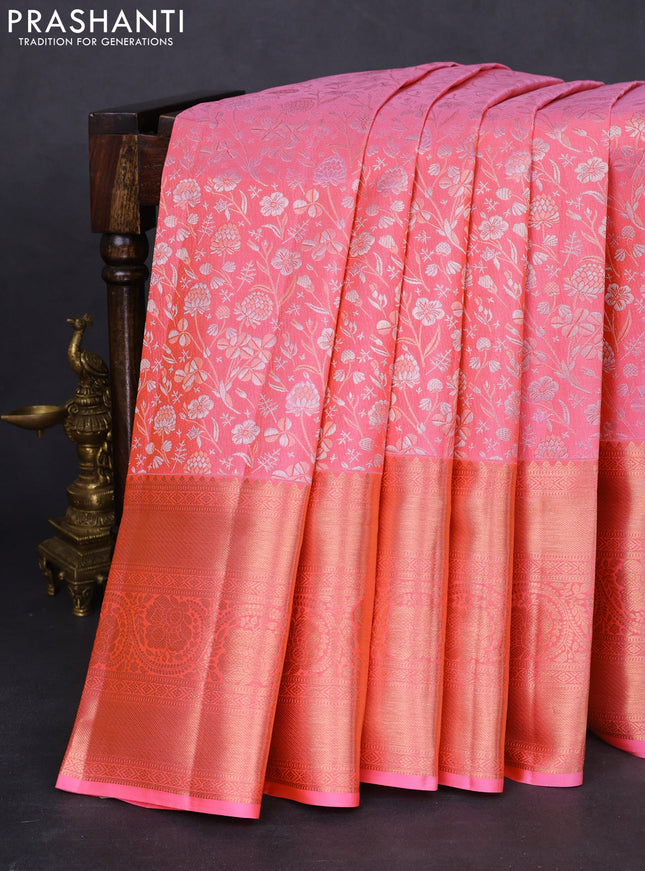 Pure kanchipuram silk saree peach pink with allover silver & gold zari woven brocade weaves and copper zari woven border