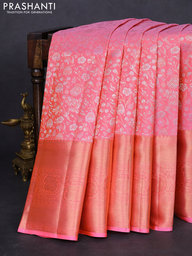Pure kanchipuram silk saree peach pink with allover silver & gold zari woven brocade weaves and copper zari woven border