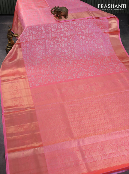 Pure kanchipuram silk saree peach pink with allover silver & gold zari woven brocade weaves and copper zari woven border