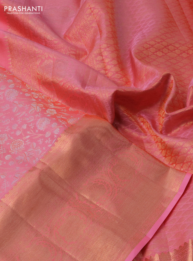 Pure kanchipuram silk saree peach pink with allover silver & gold zari woven brocade weaves and copper zari woven border