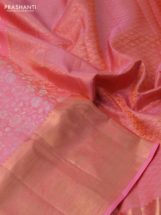 Pure kanchipuram silk saree peach pink with allover silver & gold zari woven brocade weaves and copper zari woven border