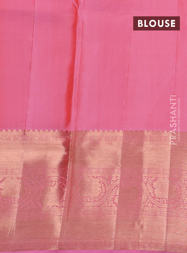 Pure kanchipuram silk saree peach pink with allover silver & gold zari woven brocade weaves and copper zari woven border