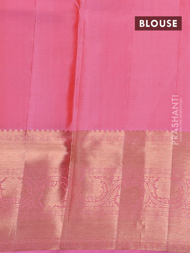 Pure kanchipuram silk saree peach pink with allover silver & gold zari woven brocade weaves and copper zari woven border