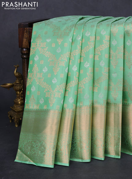Pure kanchipuram silk saree pastel green with allover zari woven brocade weaves and rich zari woven border