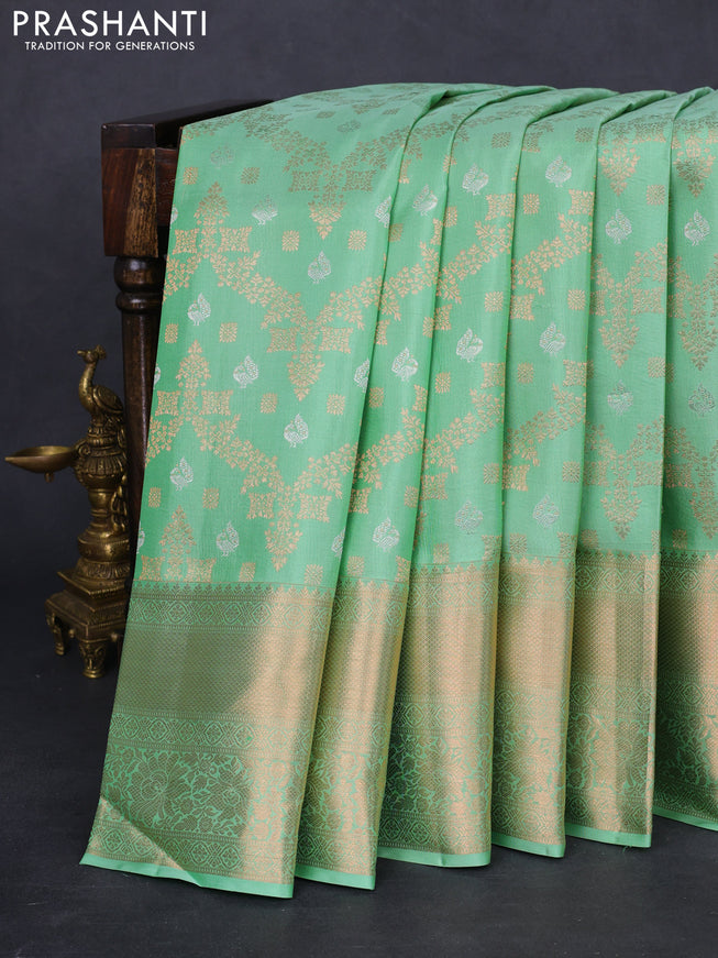 Pure kanchipuram silk saree pastel green with allover zari woven brocade weaves and rich zari woven border