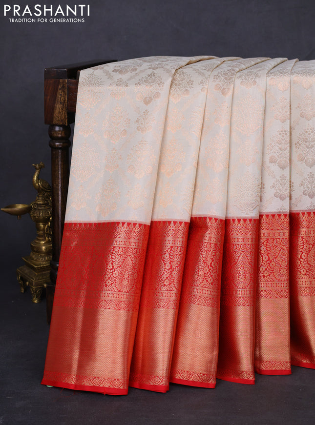 Pure kanchipuram silk saree cream and red with allover zari woven brocade weaves and long zari woven border