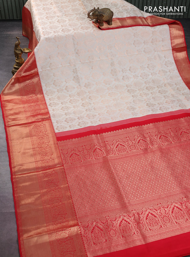 Pure kanchipuram silk saree cream and red with allover zari woven brocade weaves and long zari woven border