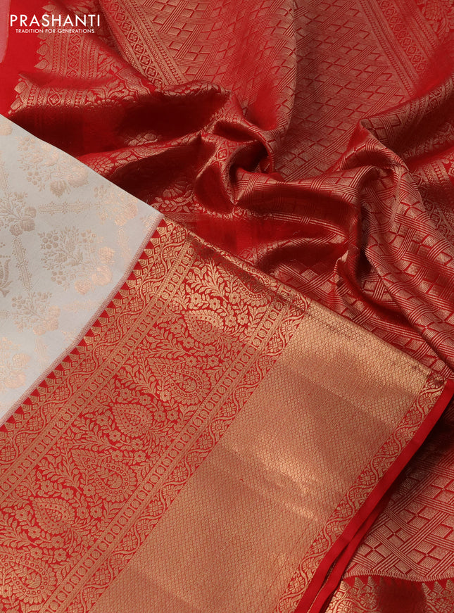 Pure kanchipuram silk saree cream and red with allover zari woven brocade weaves and long zari woven border