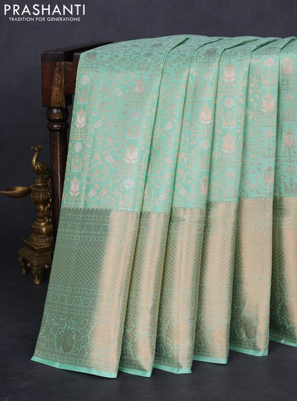 Pure kanchipuram silk saree pastel green with allover zari woven brocade weaves and rich zari woven border