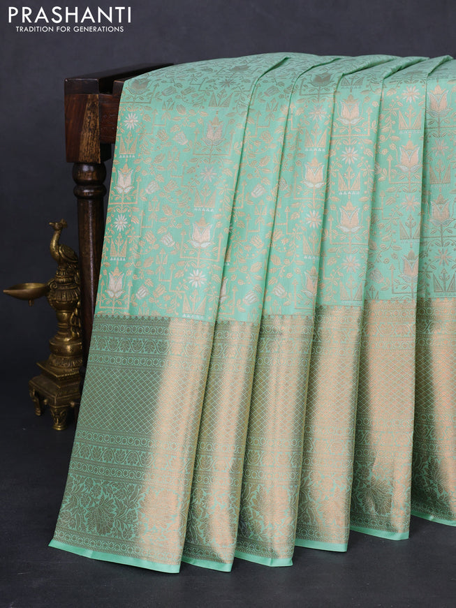 Pure kanchipuram silk saree pastel green with allover zari woven brocade weaves and rich zari woven border