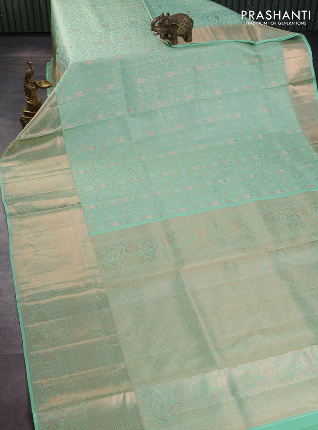 Pure kanchipuram silk saree pastel green with allover zari woven brocade weaves and rich zari woven border