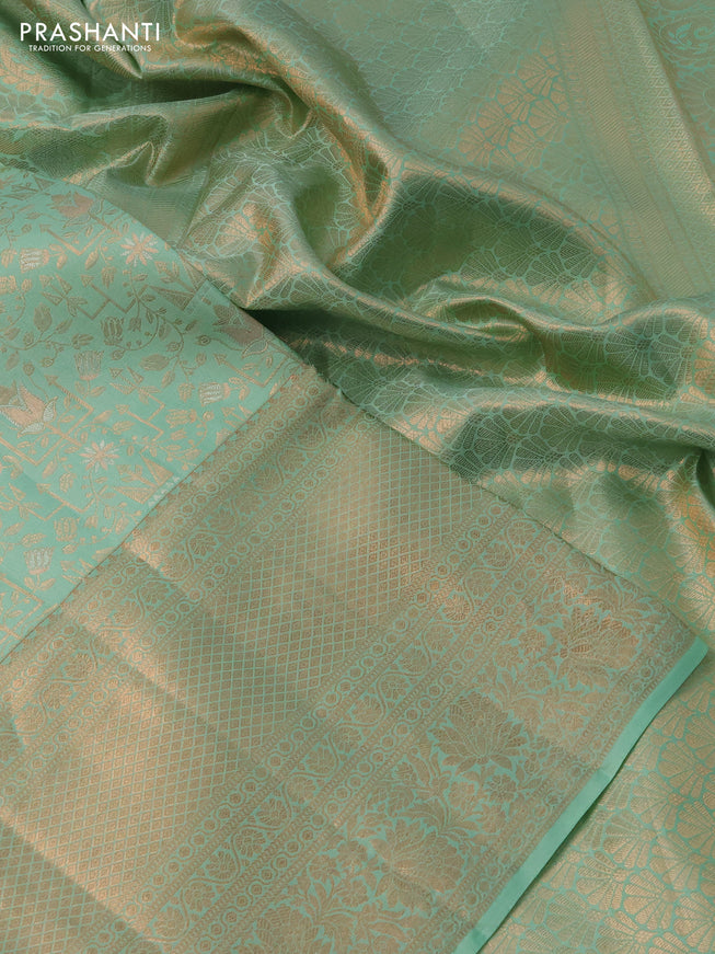 Pure kanchipuram silk saree pastel green with allover zari woven brocade weaves and rich zari woven border