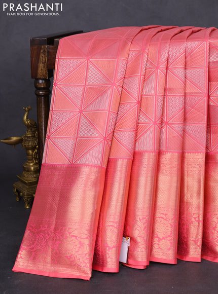 Pure kanchipuram silk saree peach pink with allover silver & gold zari woven geometric brocade weaves and long copper zari woven border