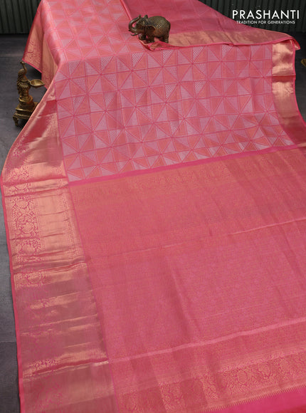 Pure kanchipuram silk saree peach pink with allover silver & gold zari woven geometric brocade weaves and long copper zari woven border