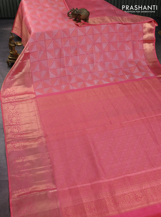 Pure kanchipuram silk saree peach pink with allover silver & gold zari woven geometric brocade weaves and long copper zari woven border